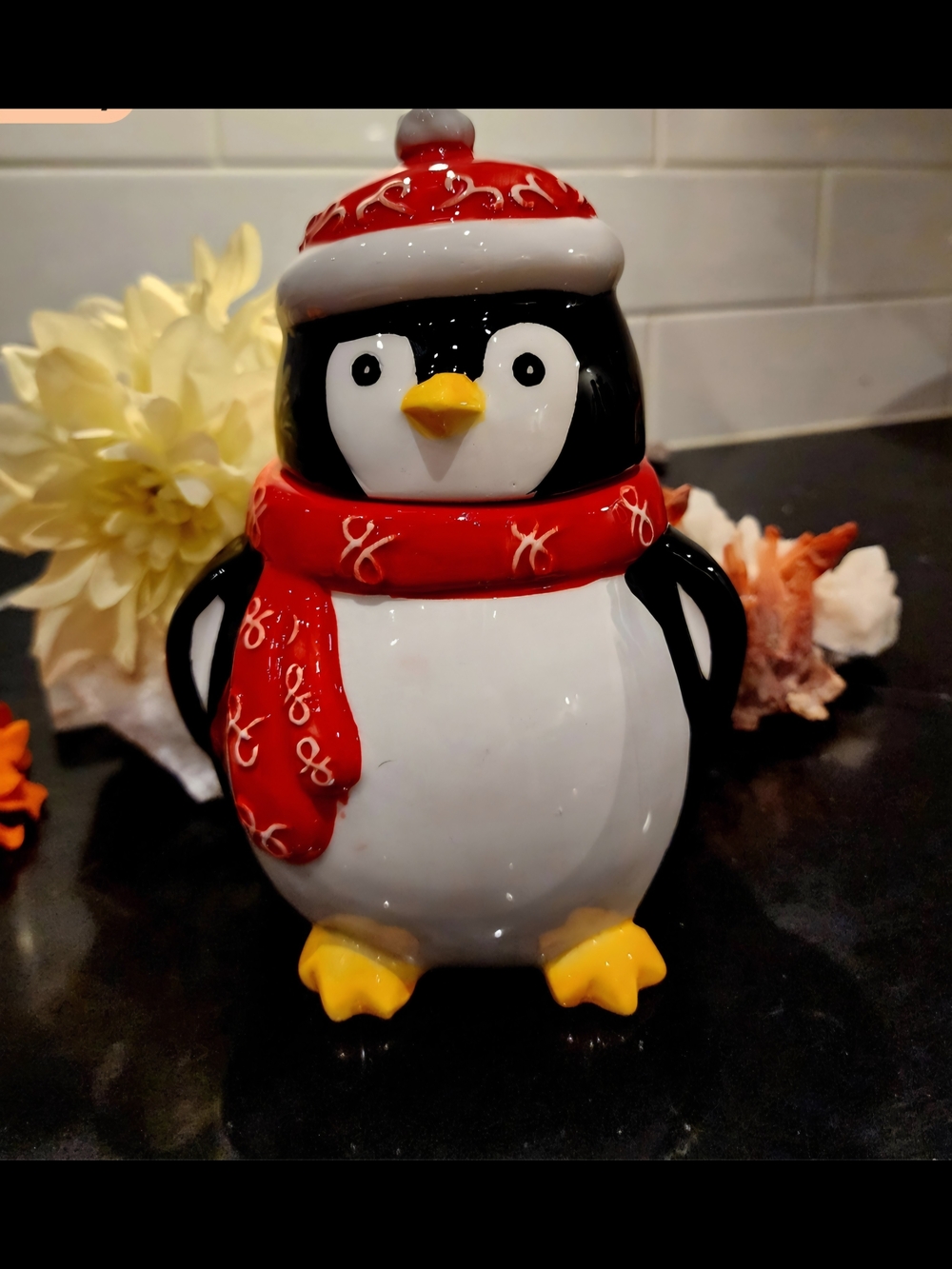 Holiday Penguin Ceramic Cookie Jar - Red Scarf & Hat
